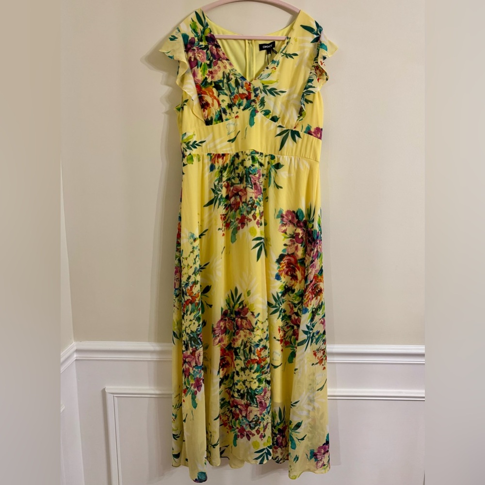 NWT DKNY Yellow Floral Print Maxi Dress with Ruffled Cap Sleeves Size 16
